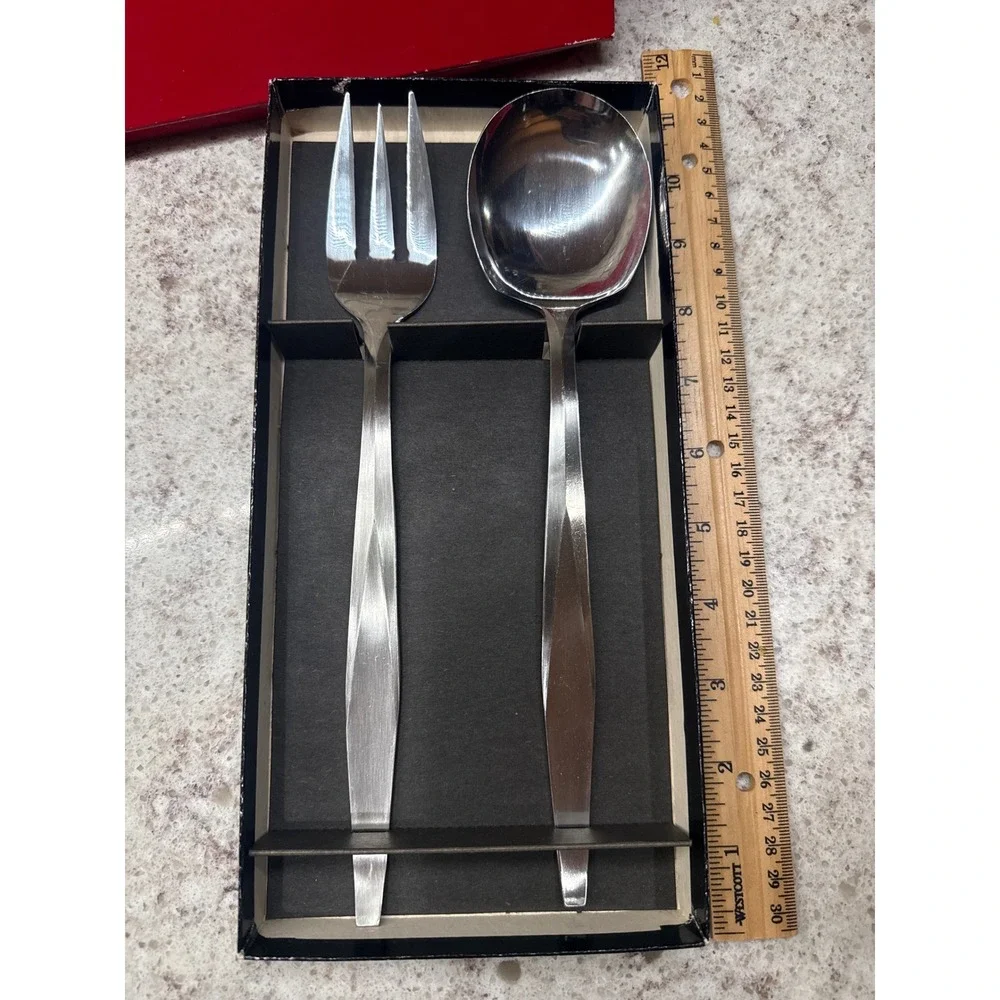 Vintage Chefmaster Stainless Steel Salad Serving Set Fork Spoon MCM Original Box